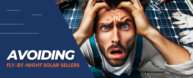 Avoiding bad solar sellers. Man looking frustrated with his hands on his head and solar panels in the background.