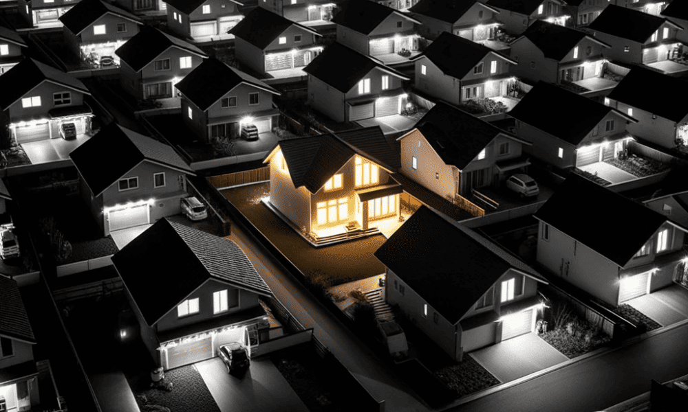 Houses with lights on at night