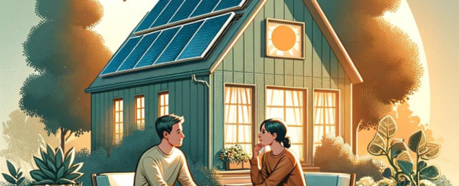 drawing of a couple sitting in front of their home with solar panels installed on the roof