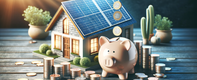 Model home with solar panels on the roof, surrounded by piles of coins and a piggy bank, signifying savings and financial advantages.
