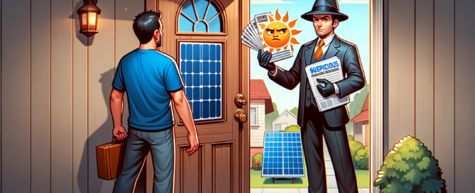 Solar Energy Salesperson at the Doorstep Explaining Benefits of Solar Panels to Homeowner, Potential Scammer