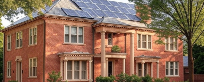 Brick colonial home with District Energy solar panels installed on the roof, showcasing sustainable energy integration and eco-friendly solutions.