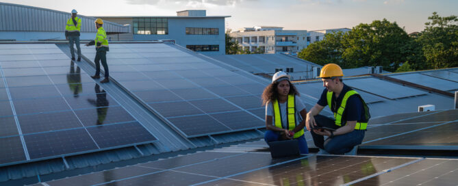 Solar energy installation in Washington DC with engineers inspecting rooftop solar panels for clean, renewable power and future energy solutions